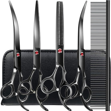 Professional Dog Grooming Scissors kit Black 5 in 1, Dog Shears for Grooming 6CR Premium Stainless Steel Grooming Scissors Kit for Dogs Cat Pet